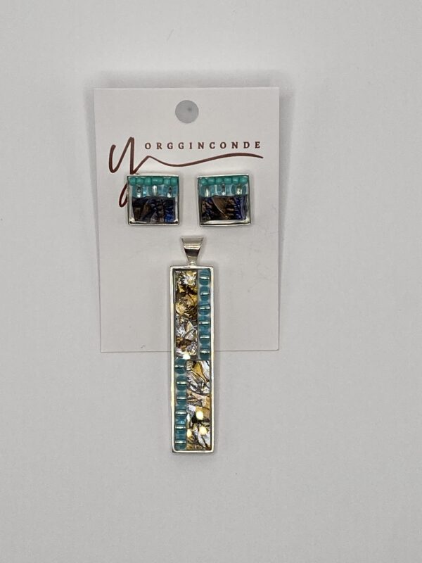 Set de colgante y aretes (post) dorado y azul
